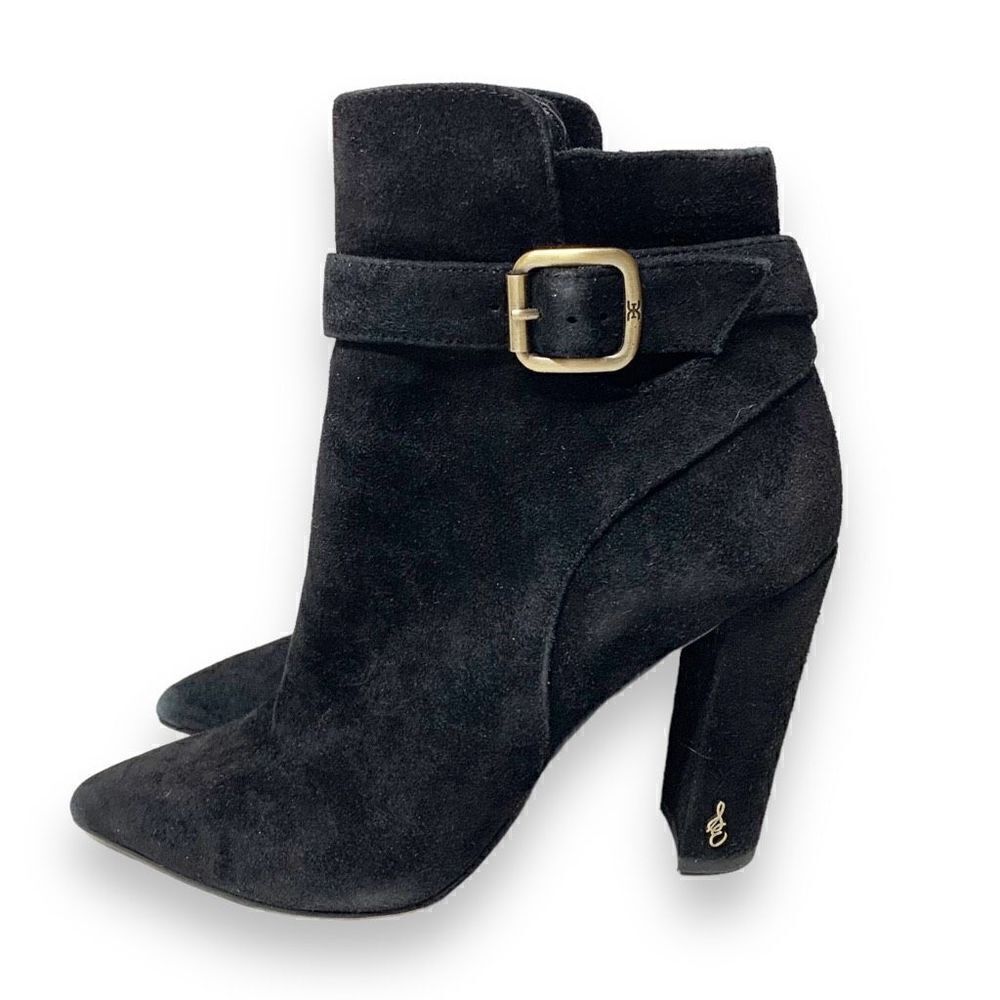 Sam Edelman Rita, Black Suede Booties, Block Heeled Buckle Boots, Women’s Size 7
